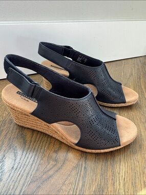 Clarks dark Navy Perforated Leather Espadrille Wedges